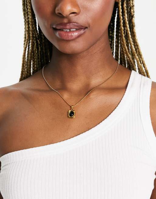 ASOS DESIGN – Verstellbare Halskette mit 14 Karat Vergoldung und schwarzem Schmucksteinanhänger, 2 von 4
