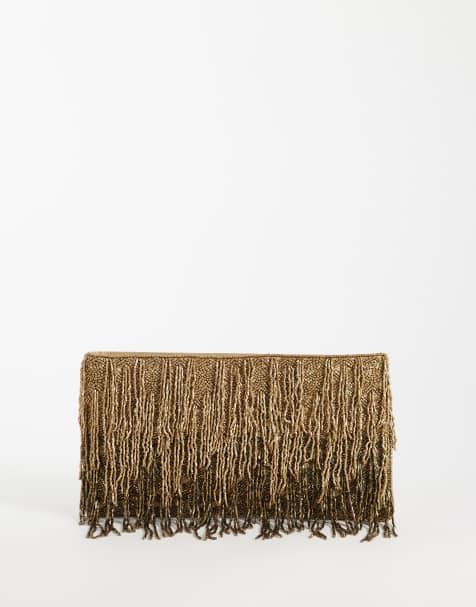 ASOS DESIGN – Verzierte Clutch in Gold mit Reißverschluss und Perlenfransen - view 1