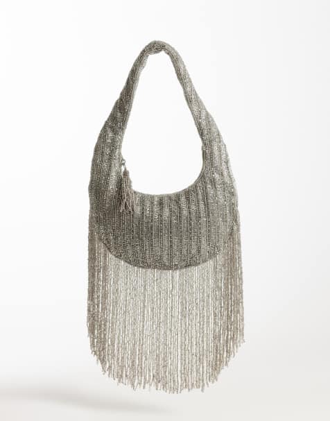 ASOS DESIGN – Verzierte Schultertasche in Silber mit Fransen - view 1