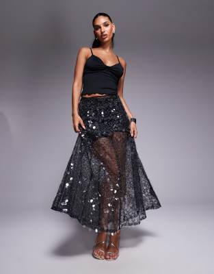 ASOS DESIGN - Verzierter Maxirock aus Netzstoff in Schwarz