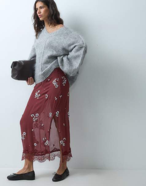 ASOS DESIGN verzierter Midirock mit Spitze in Burgunderrot - view 1