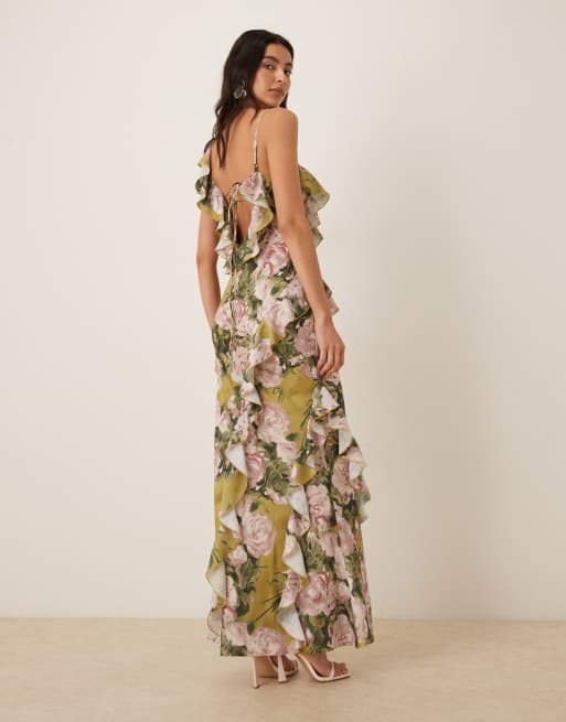 ASOS DESIGN – Verziertes, asymmetrisches Satin-Maxikleid in Grün mit One-Shoulder-Träger, Rüschen und Blumenmuster, 4 von 4