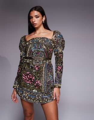ASOS DESIGN - Verziertes, buntes Minikleid mit gewölbten Ärmeln und hohem, geschwungenem Ausschnitt