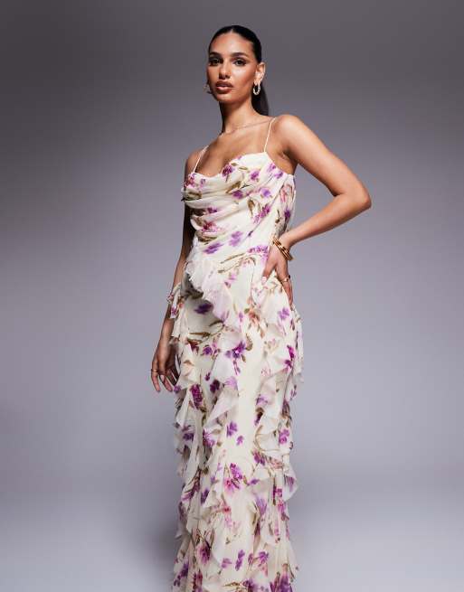 ASOS DESIGN – Verziertes Chiffon-Maxikleid in Elfenbein geblümt mit Rüschen und Camisole-Trägern, 3 von 4