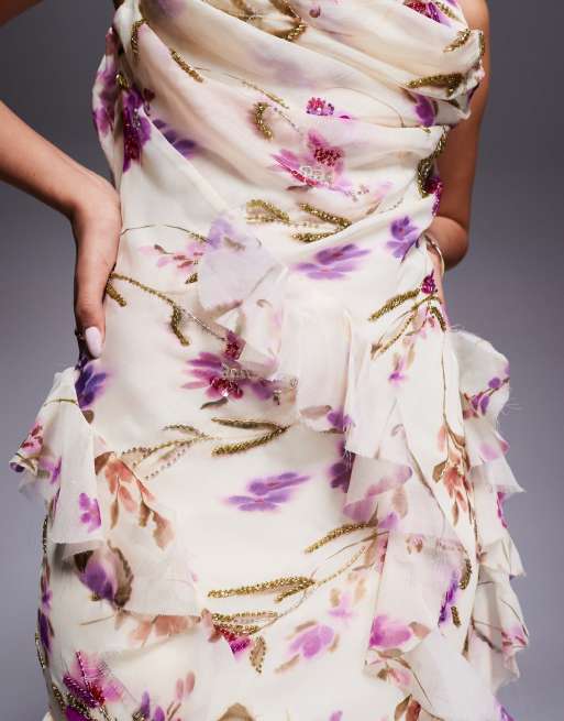ASOS DESIGN – Verziertes Chiffon-Maxikleid in Elfenbein geblümt mit Rüschen und Camisole-Trägern, 4 von 4