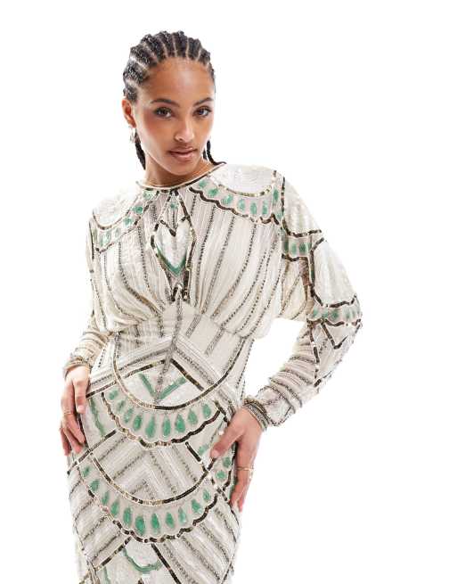 ASOS DESIGN – Verziertes, ergonomisches Maxikleid in Elfenbeinweiß mit Fledermausärmeln, 4 von 4