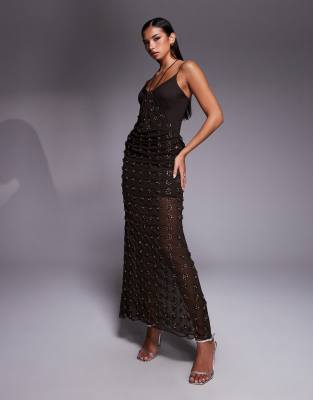 ASOS DESIGN - Verziertes konturiertes Midikleid in Schokobraun mit drapiertem Rockdetail-Brown