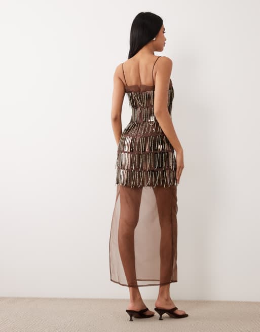 ASOS DESIGN – Verziertes Maxi-Trägerkleid aus transparentem Materialmix in Braun mit schmalem, geradem Schnitt, 3 von 4