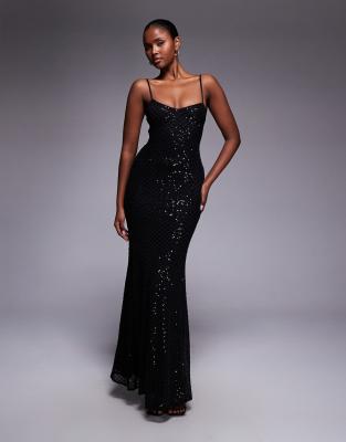 ASOS DESIGN - Verziertes Maxikleid in Schwarz mit gitterartigem Paillettenbesatz und Schnürung am Rücken-Brown