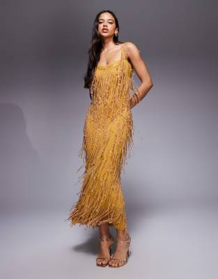 ASOS DESIGN - Verziertes Midikleid in Senfgelb mit transparentem Spitzenfutter