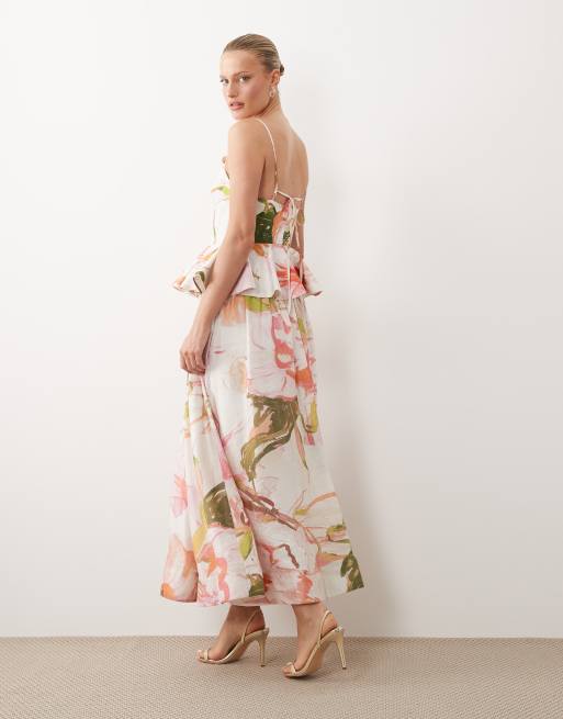 ASOS DESIGN – Verziertes Midikleid mit Schößchen und Aquarell-Blumenmuster, 2 von 4
