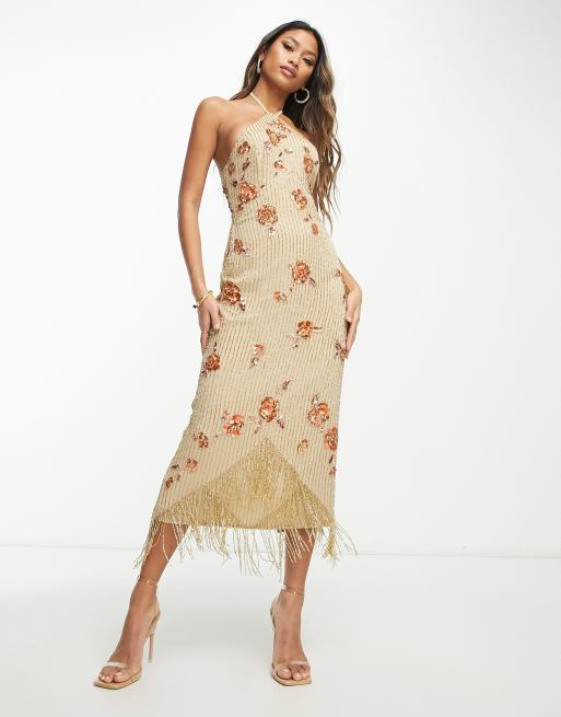 ASOS DESIGN – Verziertes Midikleid mit Trägern und floralem Perlenbesatz in Creme, 2 von 4