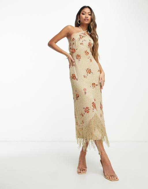 ASOS DESIGN – Verziertes Midikleid mit Trägern und floralem Perlenbesatz in Creme, 4 von 4