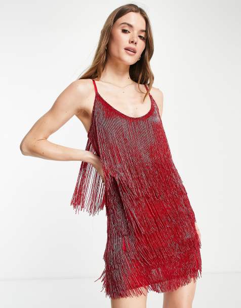 ASOS DESIGN – Verziertes Minikleid in Rot mit Fransenbesatz - view 1