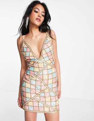 ASOS DESIGN - Verziertes Minikleid mit Mosaikmuster in Pastelltönen-Bunt