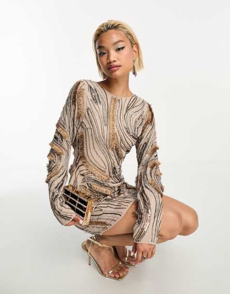 ASOS DESIGN – Verziertes Minikleid mit Wirbelstruktur in Taupe - view 1