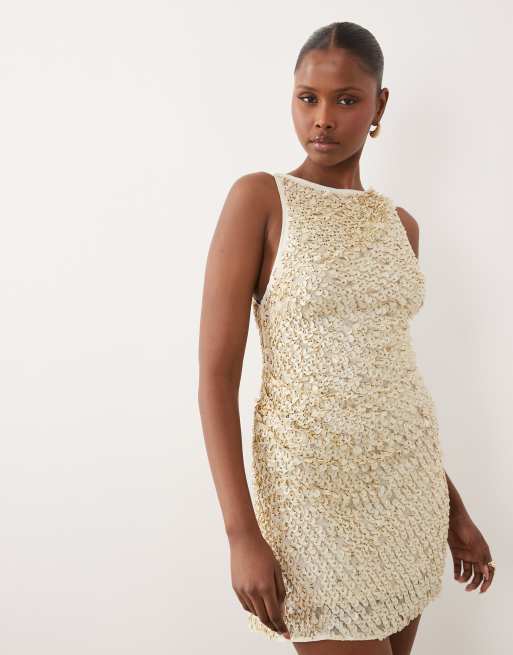 ASOS DESIGN – Verziertes Pailletten-Minikleid in Gold und Cremeweiß, 2 von 4