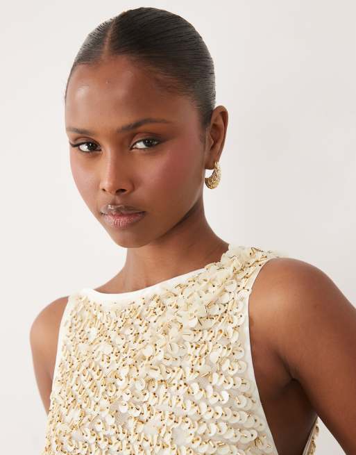 ASOS DESIGN – Verziertes Pailletten-Minikleid in Gold und Cremeweiß, 3 von 4