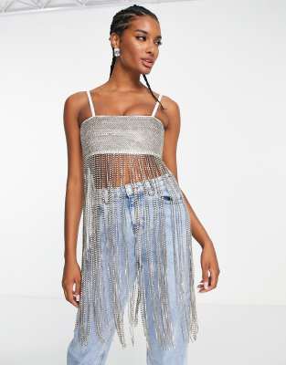 ASOS DESIGN - Verziertes Trägerkleid mit Strass-Fransen-Silber