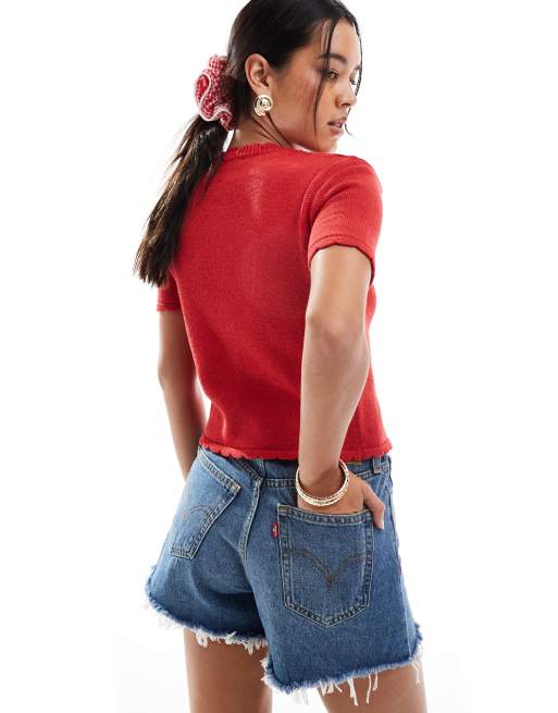 ASOS DESIGN - Vest met geschulpte rand, korte mouwen en gouden knopen in rood, 2 van 4