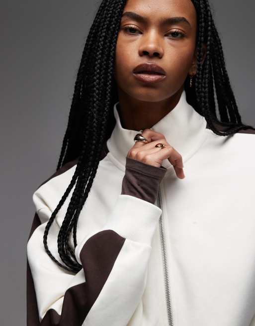 ASOS DESIGN - Vest met interlocknaden en rits in crème en contrasterende bies in chocoladebruin, deel van co-ord set, 4 van 4