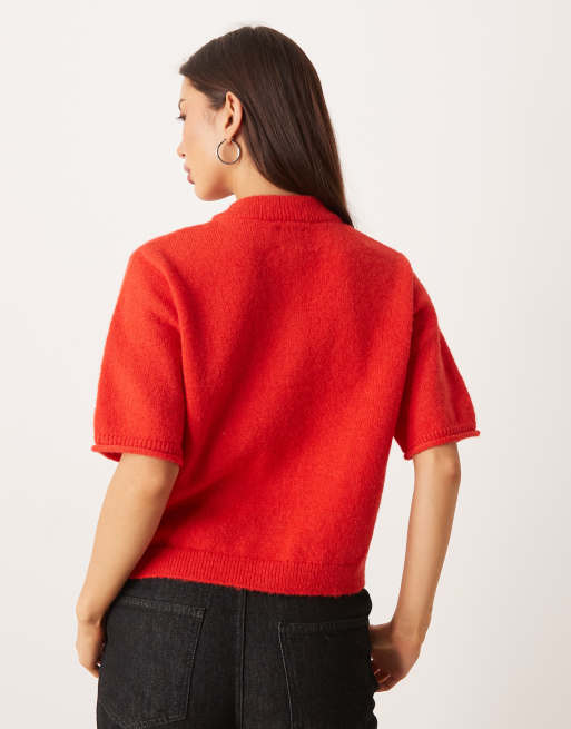 ASOS DESIGN - Vest met korte mouwen en omgeslagen randen in rood, 4 van 4