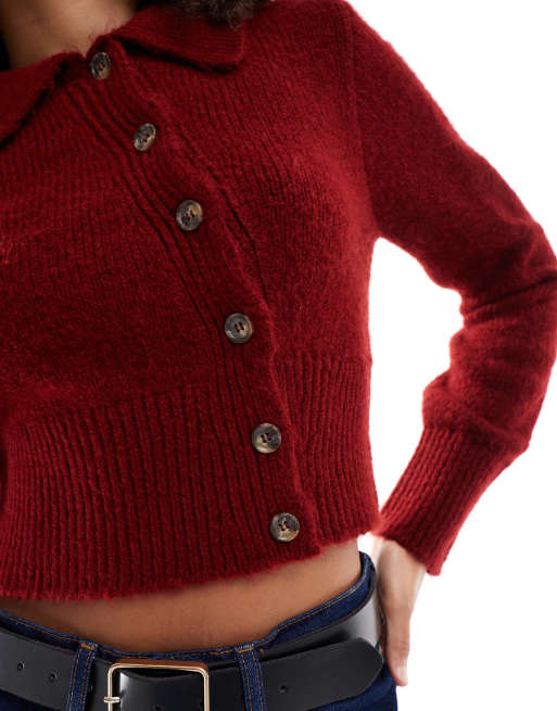 ASOS DESIGN - Vest met kraag en asymmetrische knopen in bordeauxrood, 4 van 4