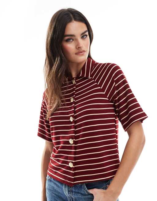 ASOS DESIGN - Vest met kraagje en strepen in bordeauxrood en wit