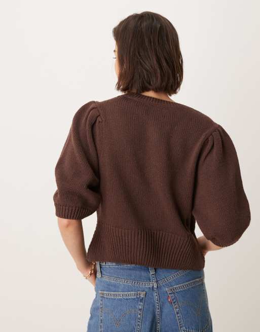 ASOS DESIGN - Vest met ronde hals en pofmouwen in chocoladebruin, 3 van 4
