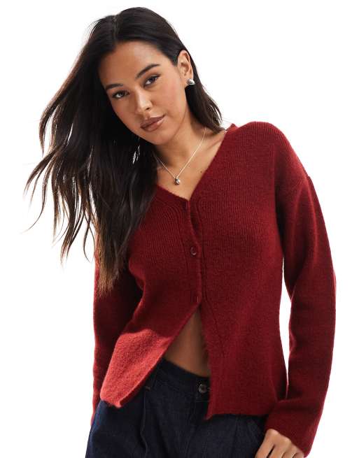 ASOS DESIGN - Vest met structuur, V-hals en split aan de zoom in bordeauxrood