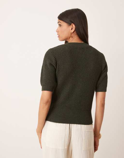 ASOS DESIGN - Vest met textuur, korte mouwen en gouden knopen in kaki, 4 van 4