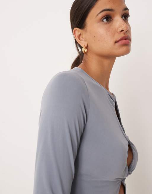 ASOS DESIGN - Vest van modal met lange mouwen en keyhole opening in leisteengrijs, 3 van 4