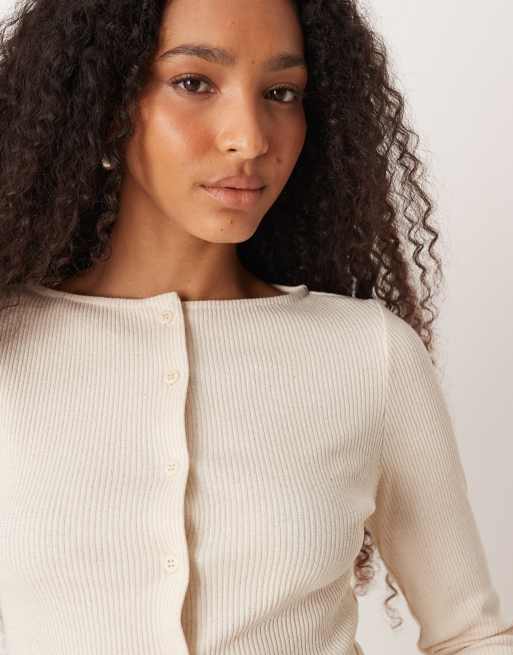 ASOS DESIGN - Vest van ribstof met wijde hals in lichtbeige, 3 van 4