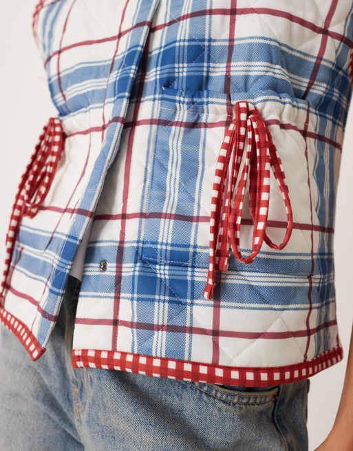 ASOS DESIGN vest with check quilted design and bow pocket detail in blue, 2 of 4