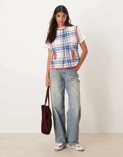 ASOS DESIGN vest with check quilted design and bow pocket detail in blue, 3 of 4