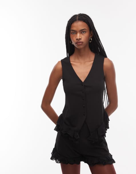 ASOS DESIGN vest with contrast mesh ruffle detailing in black - part of a set - view 1