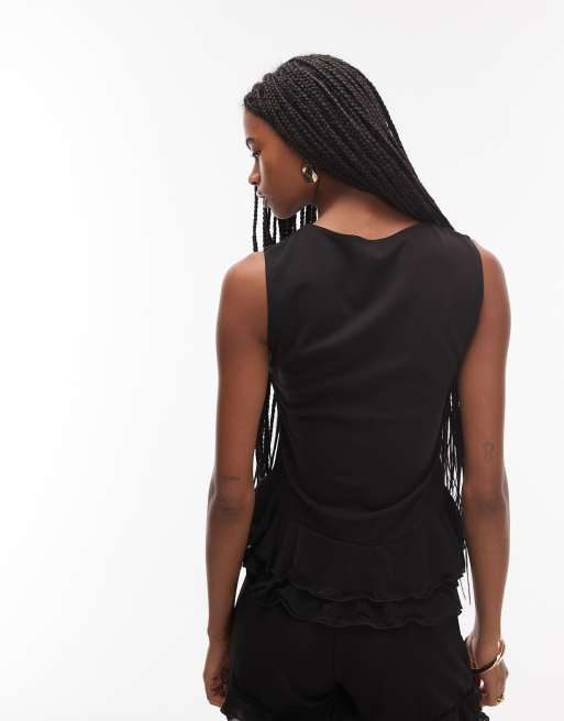 ASOS DESIGN vest with contrast mesh ruffle detailing in black - part of a set, 4 of 4