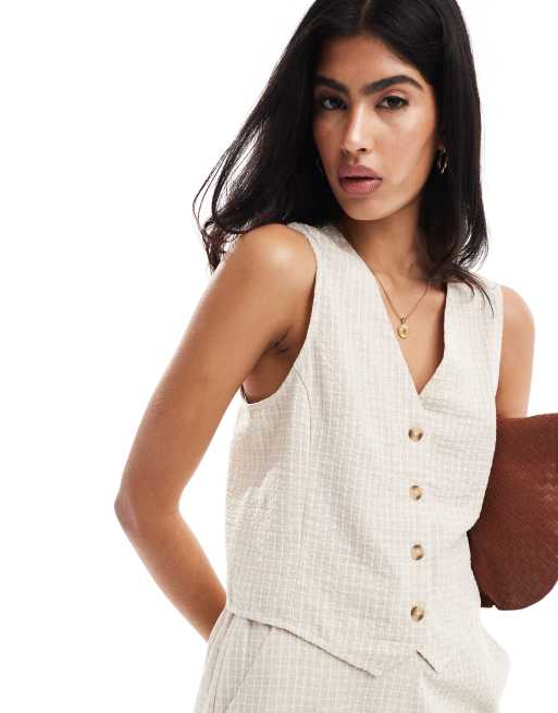 ASOS DESIGN vest with linen in natural plaid - part of a set