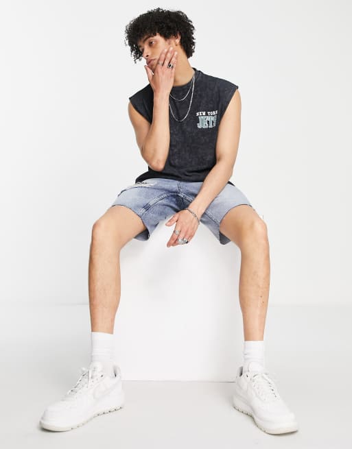 ASOS DESIGN vest with NFL New York Jets prints in washed black, 3 of 4