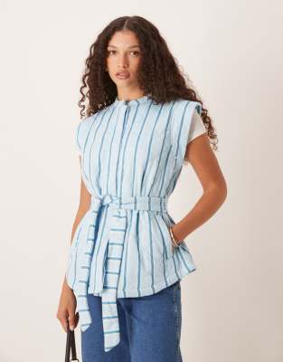 Asos Design Vest With Stripe Quilted Design And Tie Waist In Blue