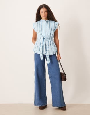 Asos Design Vest With Stripe Quilted Design And Tie Waist In Blue