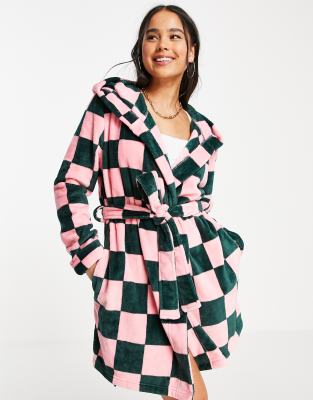 ASOS DESIGN - Vestaglia in pile super morbida rosa e verde a scacchi