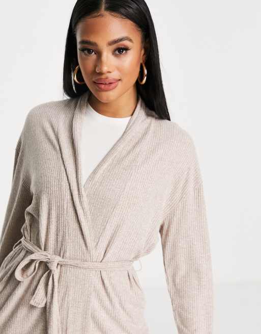 ASOS DESIGN - Vestaglia midi da casa marrone a coste in tessuto super morbido