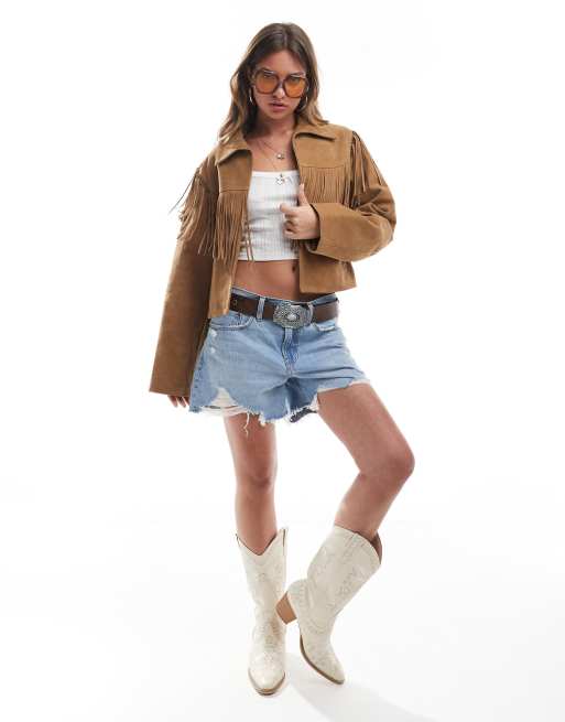 ASOS DESIGN - Veste à franges et double boutonnage en daim véritable - Fauve, 2 de 4