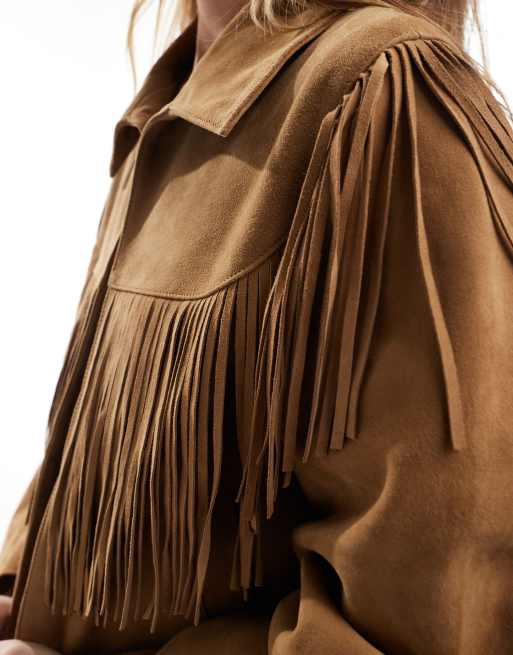 ASOS DESIGN - Veste à franges et double boutonnage en daim véritable - Fauve, 4 de 4