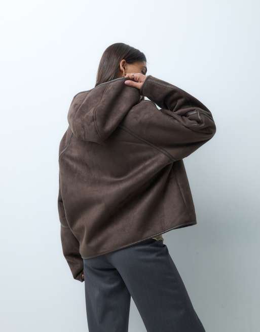 ASOS DESIGN veste borg à capuche avec fermetures à bascule, marron chocolat foncé, 4 de 4