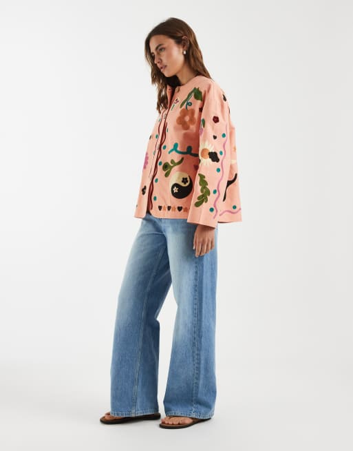 ASOS DESIGN - Veste brodée sans col - Pêche, 2 de 4