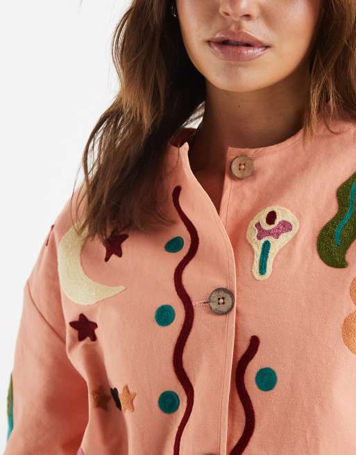 ASOS DESIGN - Veste brodée sans col - Pêche, 3 de 4