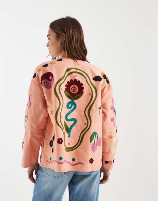 ASOS DESIGN - Veste brodée sans col - Pêche, 4 de 4