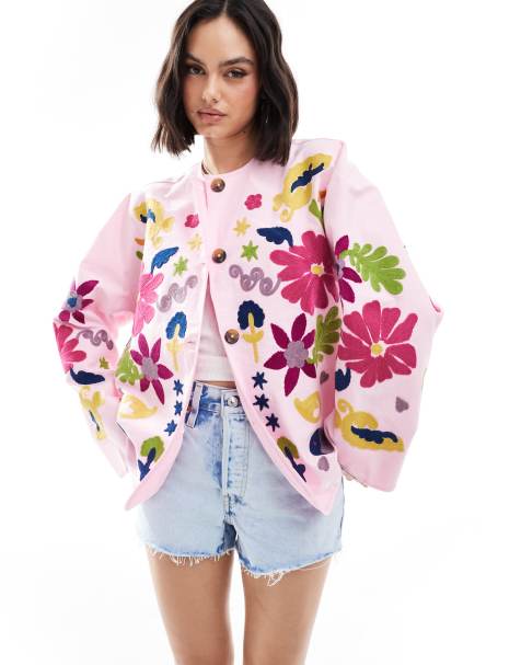 ASOS DESIGN - Veste brodée sans col - Rose délavé - view 1